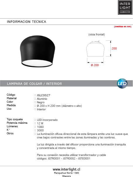 Lámpara colgante aluminio negro LED 12W - JGLC0027
