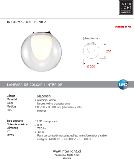 Lámpara colgante aluminio vidrio Ø20x20 8W LED - JGLC0030