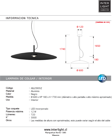 Lámpara colgante aluminio negro Ø60cm 12W LED - JGLC0032