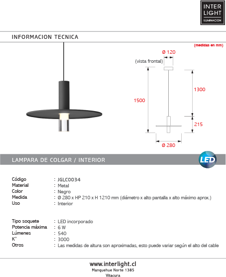 Lámpara colgante aluminio negro Ø28cm 6W LED - JGLC0034