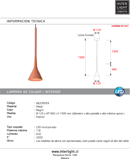 Lámpara colgante metal terracota Ø11,8 cm 7W LED - JGLC0035
