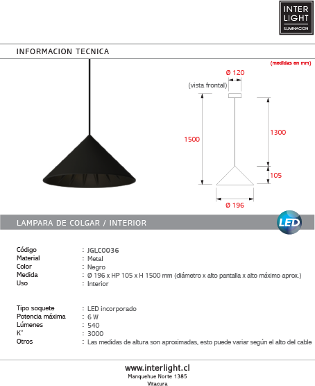 Lámpara colgante metal negro Ø19.6 cm 6W LED - JGLC0036