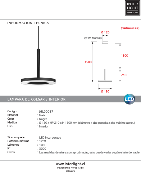 Lámpara colgante metal Ø18x21 cm  12W LED - JGLC0037