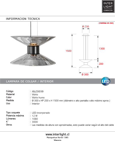 Lámpara colgante vidrio humo Ø30x20 cm 12W LED - JGLC0039