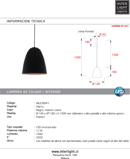 Lámpara colgante hierro negro interior cobre Ø14 cm 12W LED- JGLC0041