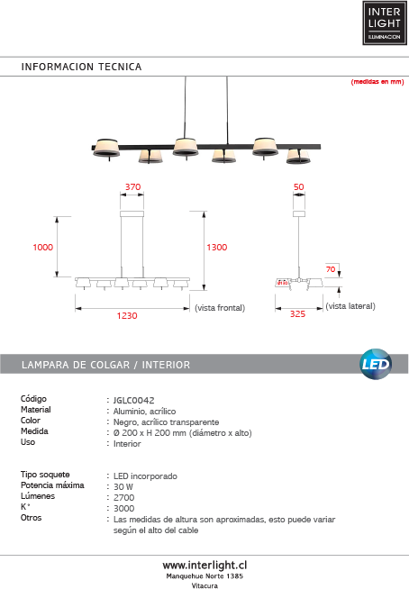 Lámpara colgante aluminio negro acrílico transparente 1,20 cm 30W LED - JGLC0042