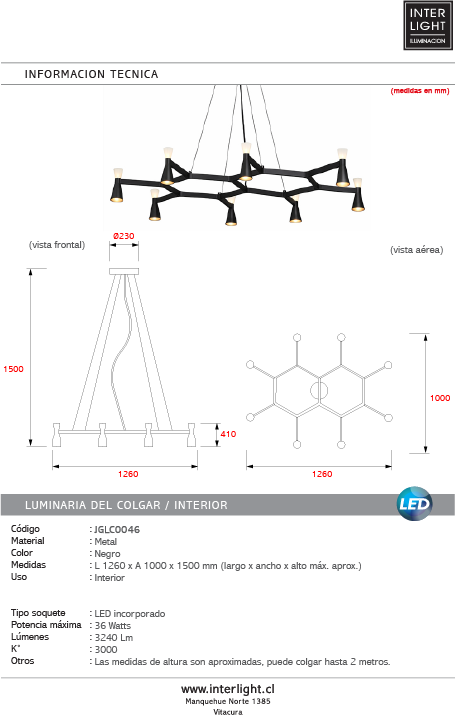 Colgante aluminio Negro Ø126 cm 36 W LED -  JGLC0046