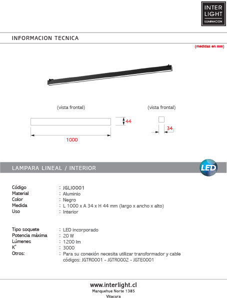 Lámpara lineal aluminio negro 200 cm - JGLI0002