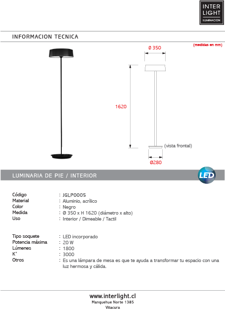 Lámpara de pie alumino negro 20W LED - JGLP0005