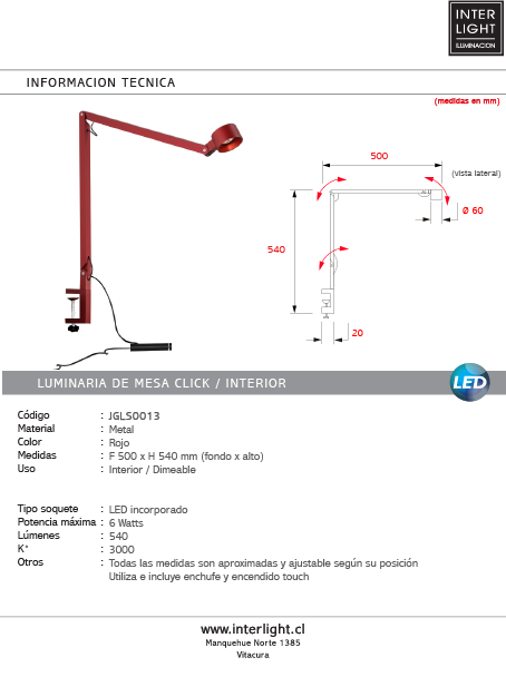 Lámpara de mesa click metal rojo 6W LED - JGLS0013