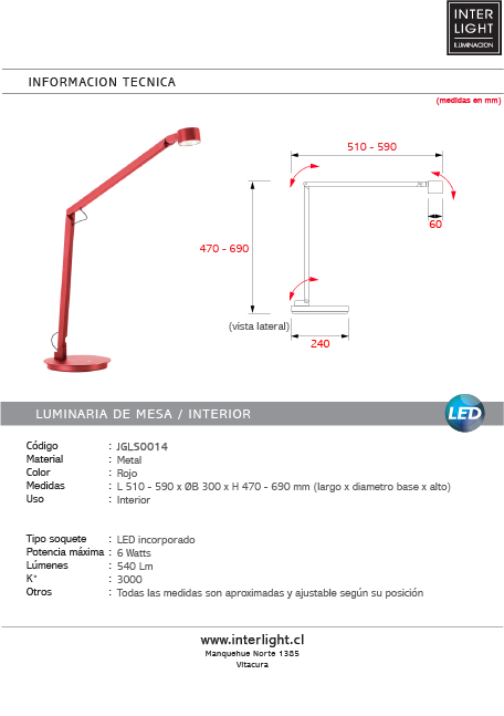Lámpara sobremesa articulado  metal rojo 6W - JGLS0014