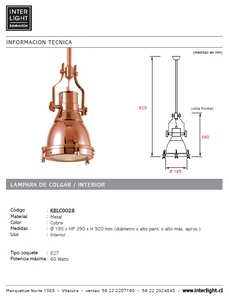 Lámpara colgante cobre Ø 19,5 E27 - KELC0028