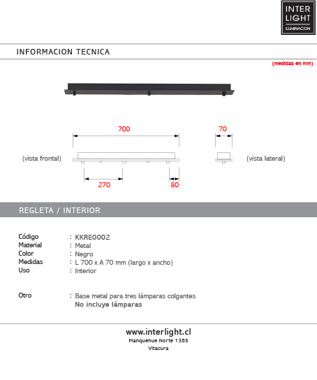 Base para lámpara colgante 3 luces 70cm - KKRE0002