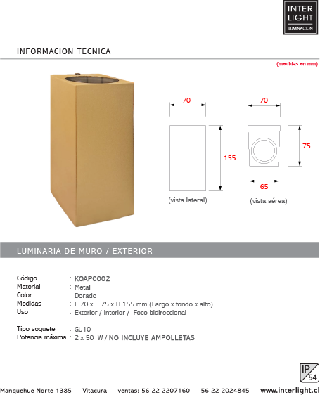 Aplique exterior aluminio dorado 2 luces GU10 - KOAP0002