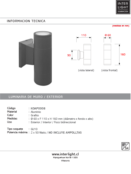 Aplique doble aluminio grafito exterior Ø6x16 cm 2 luces GU10 - KOAP0008