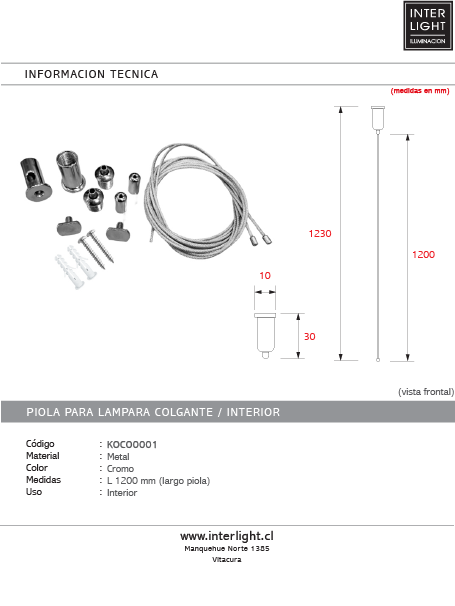 Piola para lampara colgante cromo 120 cm - KOCO0007