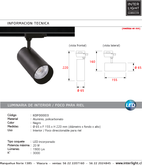 Foco riel aluminio negro Ø6,5x15,5 cm LED 20W - KOFO0003