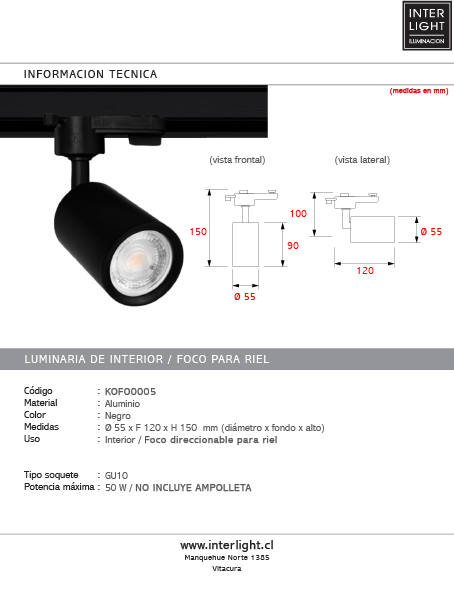 Kit negro riel monofásico 2 m + 5 focos con ampolletas GU10 - KOFO0005
