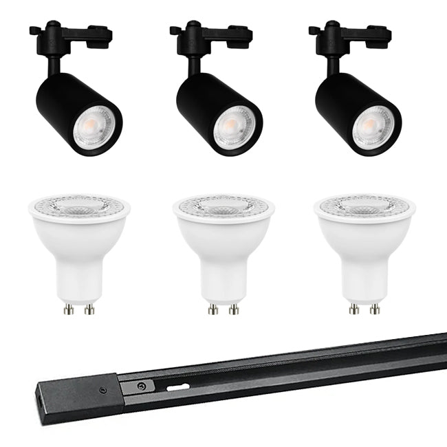 Kit negro riel monofásico 1 m + 3 focos con ampolletas GU10 - KOFO0005