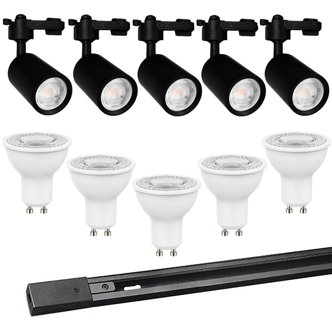 Kit negro riel monofásico 2 m + 5 focos con ampolletas GU10 - KOFO0005