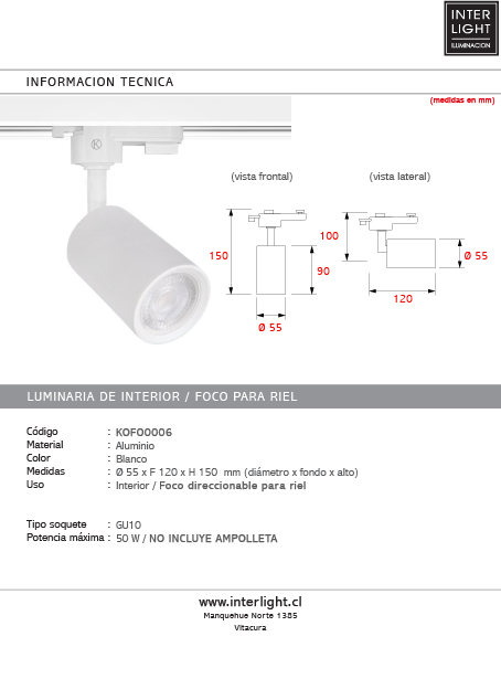 Kit blanco riel monofásico 2 m + 5 focos con ampolletas GU10 - KOFO0006