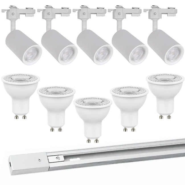 Kit blanco riel monofásico 2 m + 5 focos con ampolletas GU10 - KOFO0006