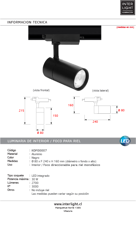 Foco para riel monofásico aluminio negro Ø8cm 30W 3000k- KOFO0007