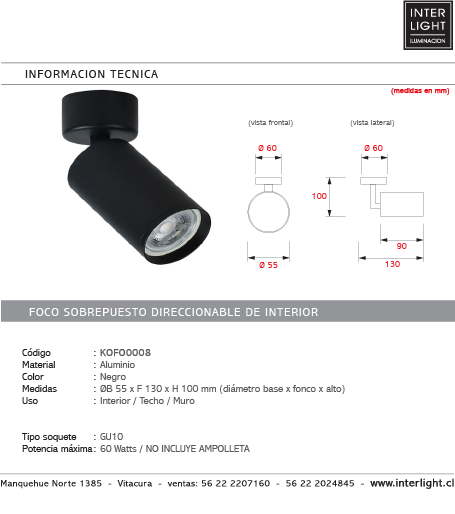 Foco sobrepuesto negro dirigible GU10 - KOFO0008