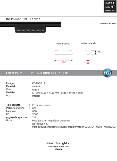 Foco riel magnético slim negro 6W 24° 48V 3000K -  KOFO0012