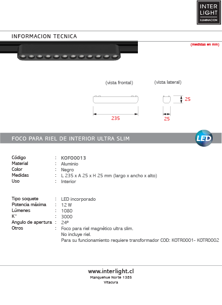 Foco riel magnético slim negro 12W 24° 48V 3000K -  KOFO0013