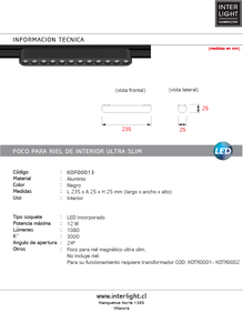 Foco riel magnético slim negro 12W 24° 48V 3000K -  KOFO0013