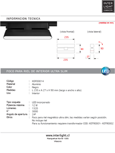 Foco riel magnético slim negro 12W 24° 48V 3000K -  KOFO0014