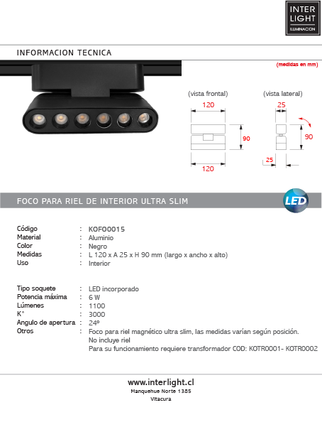 Foco riel magnético slim negro 6W 24° 48V 3000K -  KOFO0015