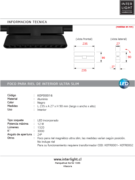 Foco riel magnético slim negro 12W 24° 48V 3000K -  KOFO0016