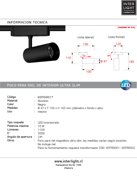 Foco riel magnético slim negro 10W 24° 48V 3000K -  KOFO0017
