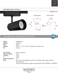 Foco riel magnético slim negro 20W 24° 48V 3000K -  KOFO0018