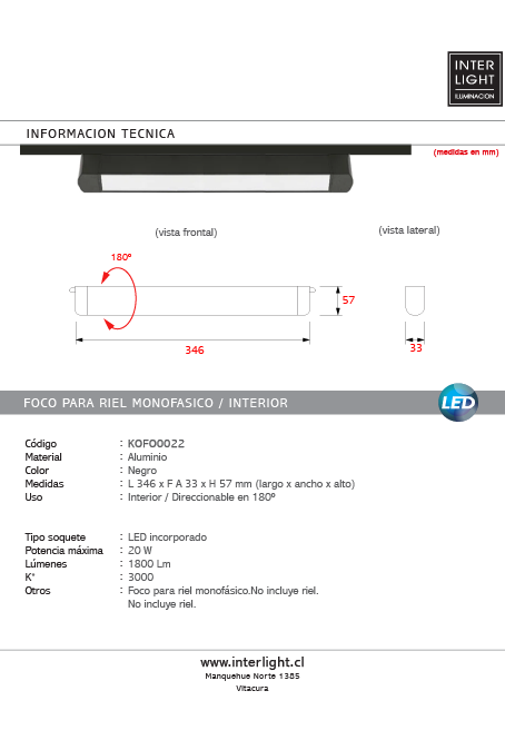Foco riel monofásico aluminio negro 34,6 cm 20W -  KOFO0022