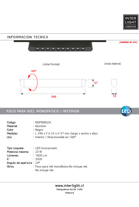 Foco riel monofásico aluminio negro 34,6 cm 20W -  KOFO0024