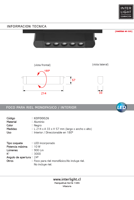 Foco riel monofásico aluminio negro 21,4 cm  10W 220v -  KOFO0026
