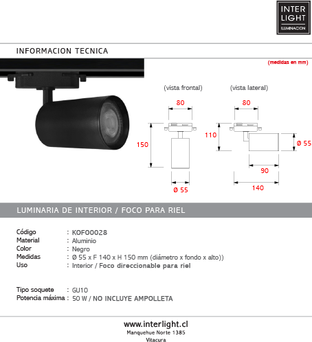 Foco riel aluminio negro Ø5,5x15 cm GU10 -KOFO0028