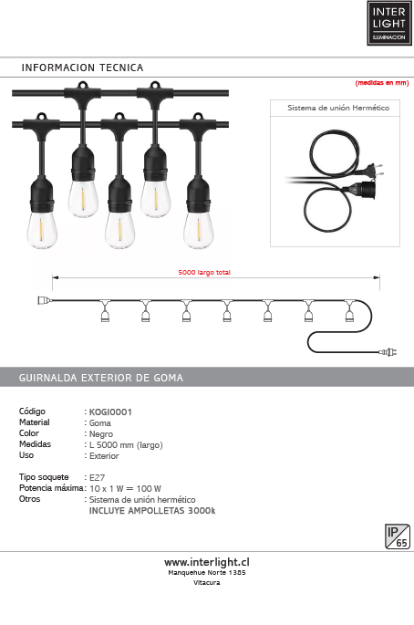 Guirnalda exterior de goma IP65 10 luces E27 - KOGI0001