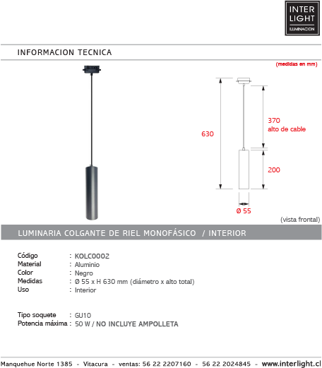Lámpara colgante para riel monofásico aluminio negro Ø5.5x63 cm GU10 - KOLC0002