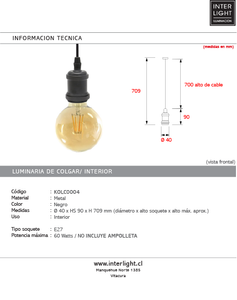 Soquete negro bladequin y cable 98 cm E27 - KOLC0004