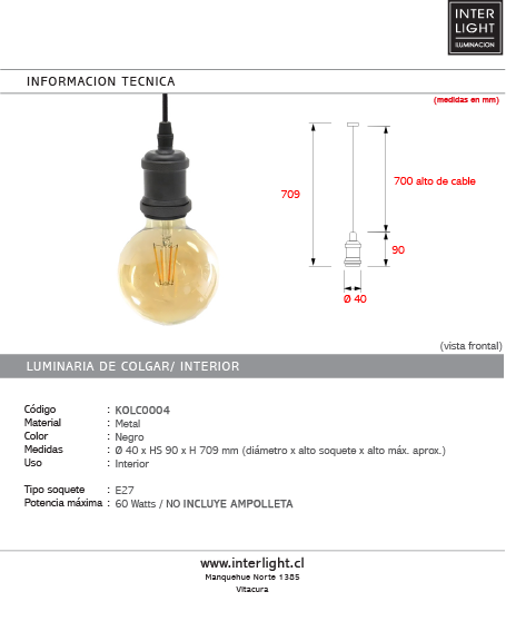 Soquete y baldequin negro cable 70 cm E27 - KOLC0004