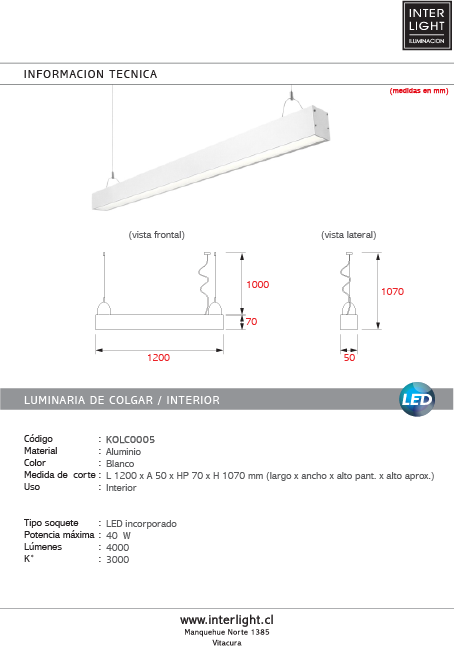 Lámpara colgante aluminio blanco 120x5x7 cm LED 40W  - KOLC0005