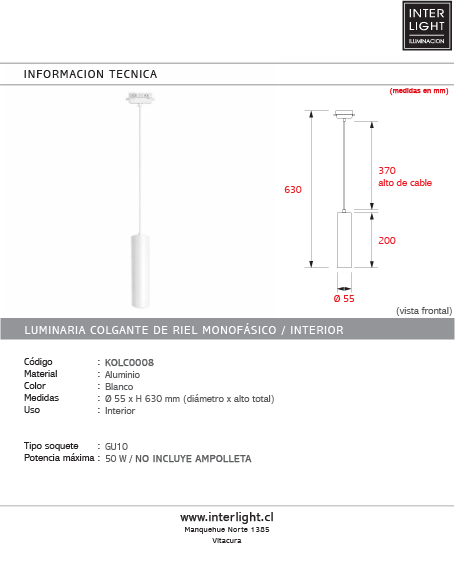 Lámpara colgante para riel monofásico aluminio blanco Ø5.5x63 cm GU10 - KOLC0008