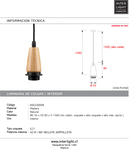 Kit de Soquete madera y baldequin madera cable 150 cm E27 - KOLC0009