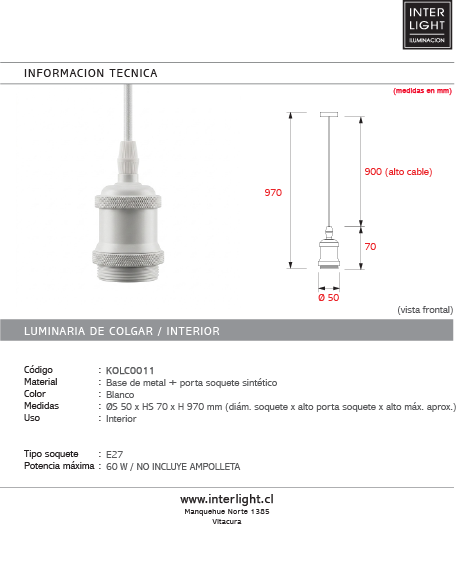 Kit de soquete y baldequin blanco cable 97cm E27 - KOLC0011