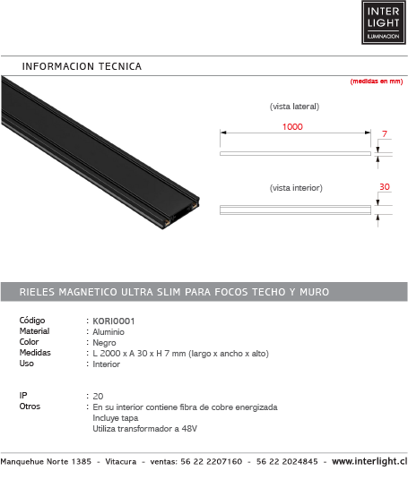 Riel magnetico ultra slim para foco de techo y muro 1MT -KORI0001