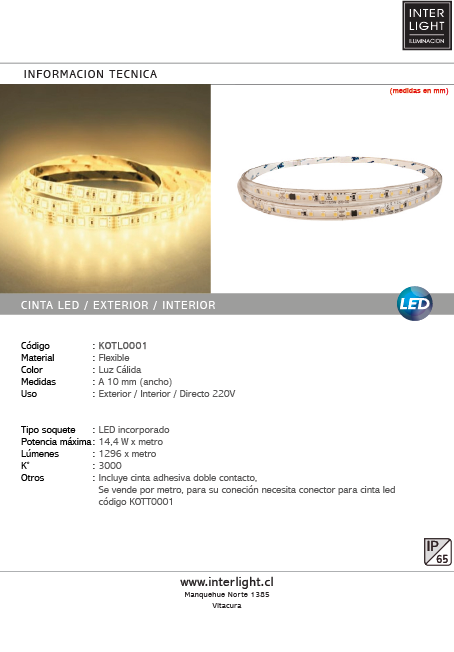 Cinta LED flexible luz cálida 14,4W 3000K 220v 1 metro - KOTL0001
